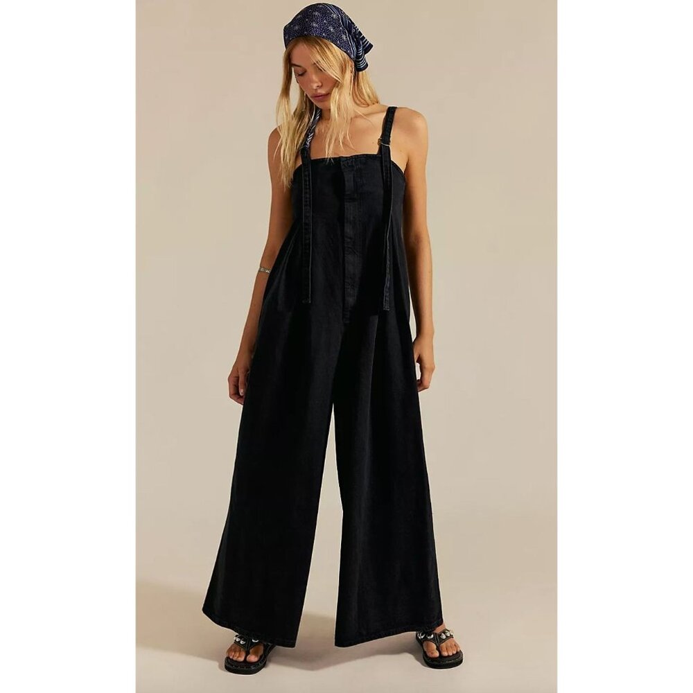 Free People $198 Lumy One-Piece Black Denim Overalls Jumpsuit Size Medium Black